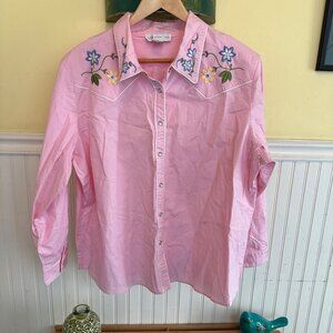 Susan Graver Style Pink Western Style Button-Up Shirt W/ Floral Embroidery 2X Co